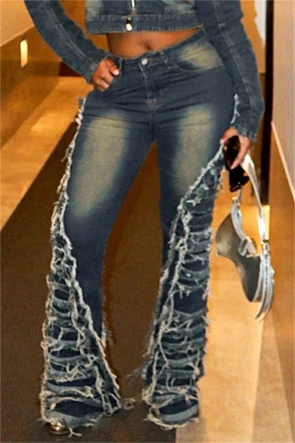 Patchwork High Waist Distressed Ripped Denim Jeans