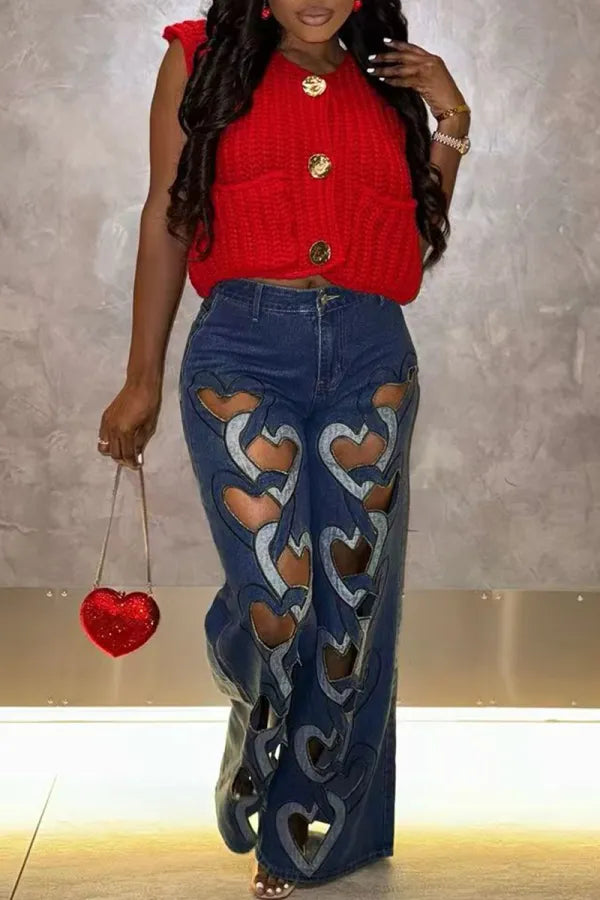 Heart Shaped Cut Out Wide Leg Denim Jeans