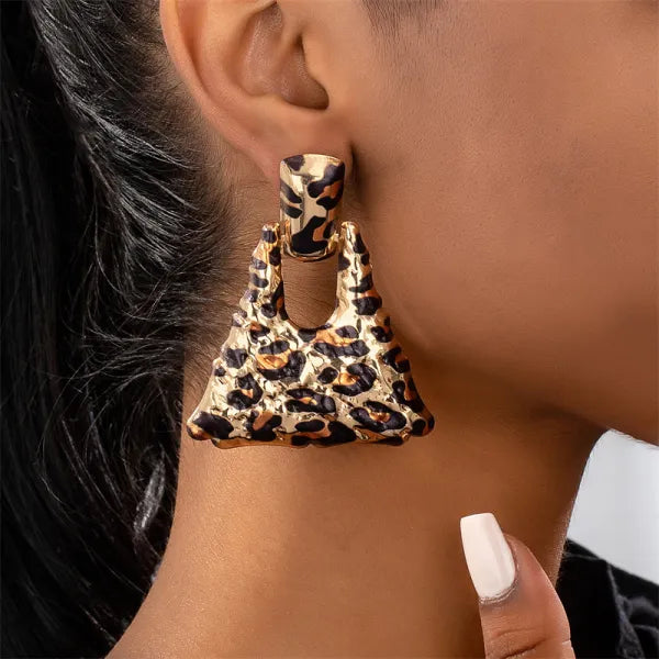 Oversized Geometric Leopard Print Dangling Earrings