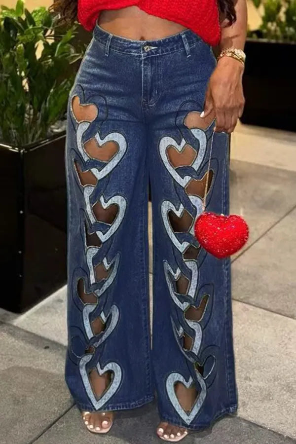 Heart Shaped Cut Out Wide Leg Denim Jeans